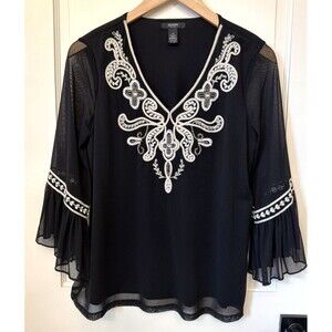 Alfani Petite Embellished Bell Sleeve Black Mesh Blouse PS Embroidered Beaded